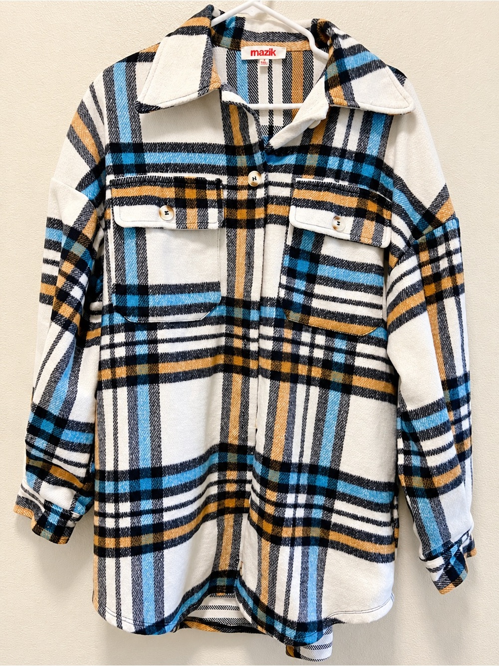 Mazik Cream Plaid Button-Front Shacket with Blue and Tan Stripes